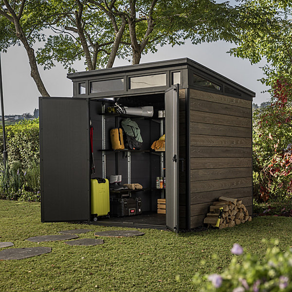 Keter Signature Decocoat 7x7 ft Pent Walnut Plastic 2 door Shed with floor & 6 windows (Base included) - Image 6